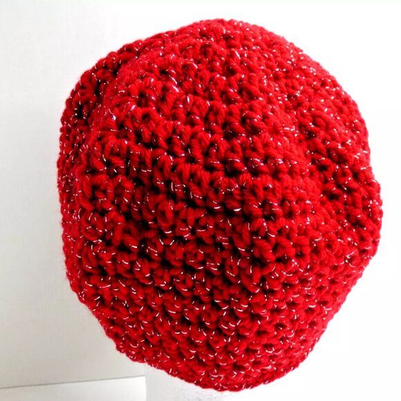 Red Beanie Skull Cap Gold Men Women Winter Hat Handmade Crochet Hand Knit OS - Picture 4 of 8